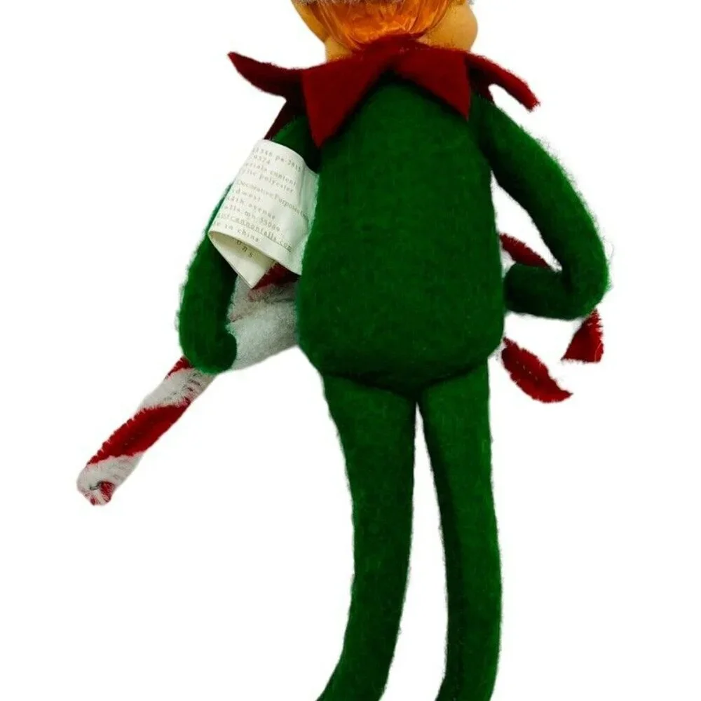 Seasons of‎ Cannon Falls Elf Pixie Ornament Green Candy Cane Poseable 8 inch
